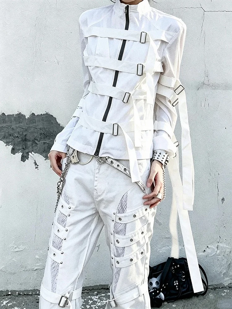 Women White Straps Buckle Zip Up Jacket High Neck Long Sleeve Gothic Punk Bandage Strap Ribbon Y2K Streetwear Slim Fit Coat