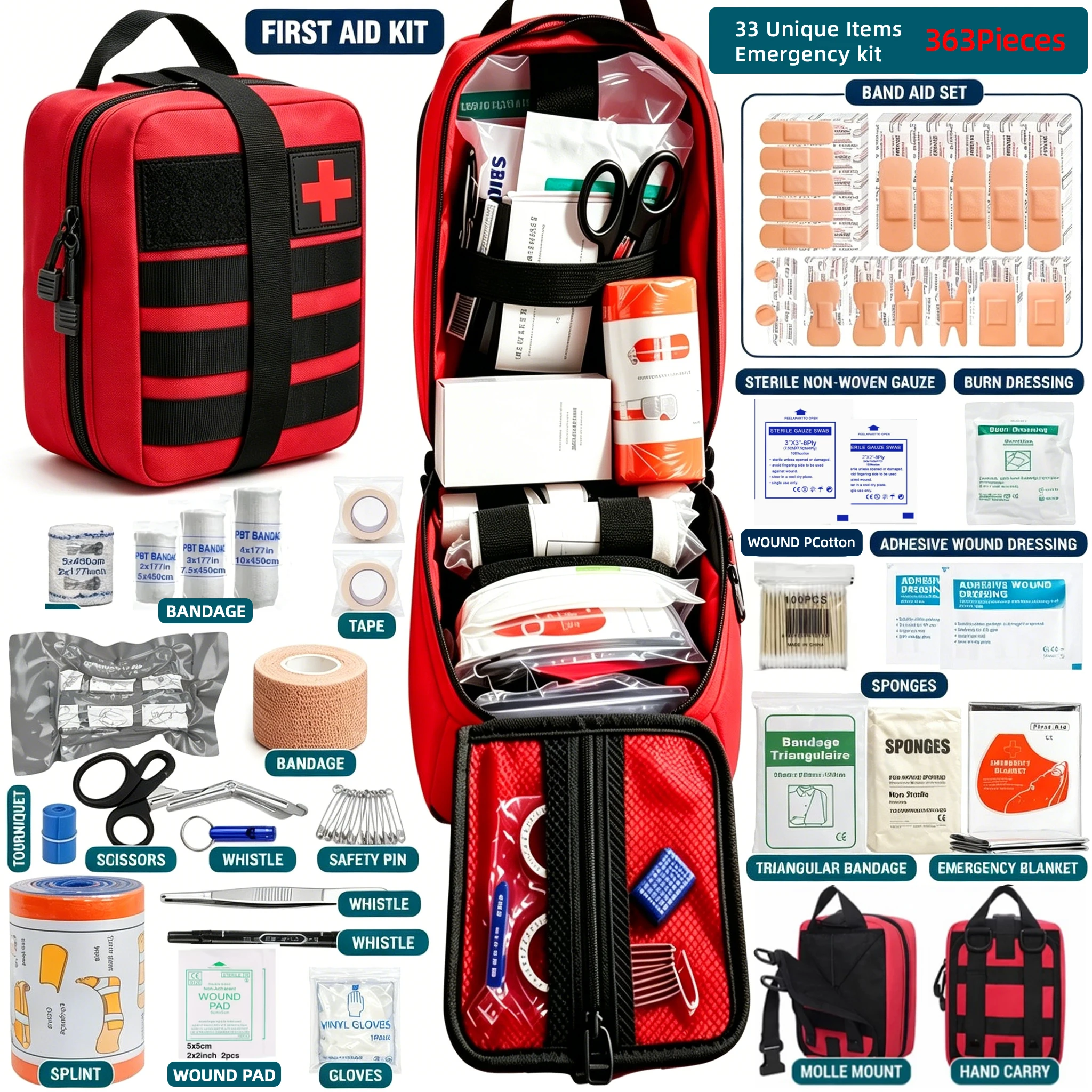 363pcs First Aid Kits Professional IFAK Trauma Bag Supplied Full Set Molle Camping Kit with Tourniquet Items Medical Bag Kits