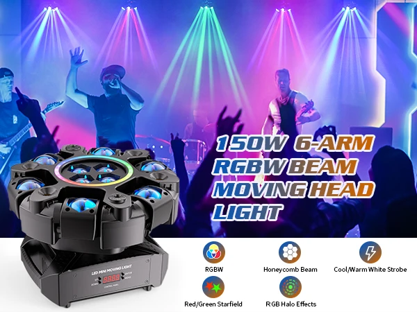 Fieryzeal 150W 6-Arm RGBW Beam Moving Head Light with Strip Effect Stage Light DMX512 Honeycomb Beam Strobe Effect for DJ Party