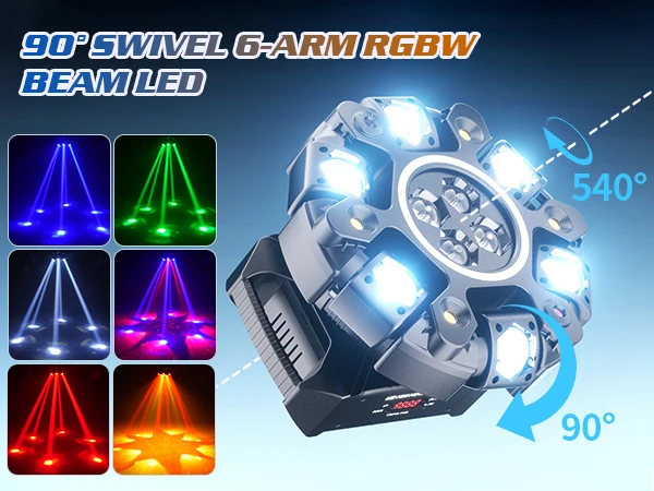 Fieryzeal 150W 6-Arm RGBW Beam Moving Head Light with Strip Effect Stage Light DMX512 Honeycomb Beam Strobe Effect for DJ Party