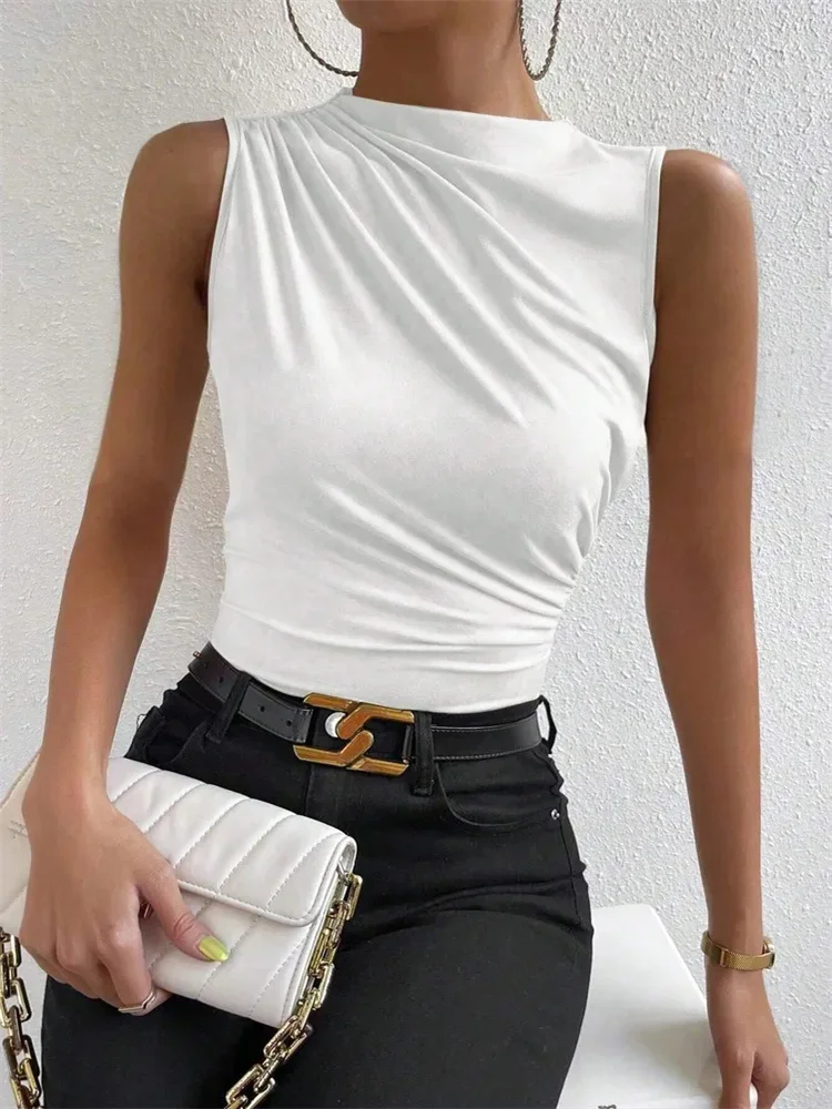 Fashion Casual Mock Neck Ruched Tank Top for Women Summer 2024 Solid Color Pleated Sleeveless Tee Shirt Tshirt Streetwear Y2K