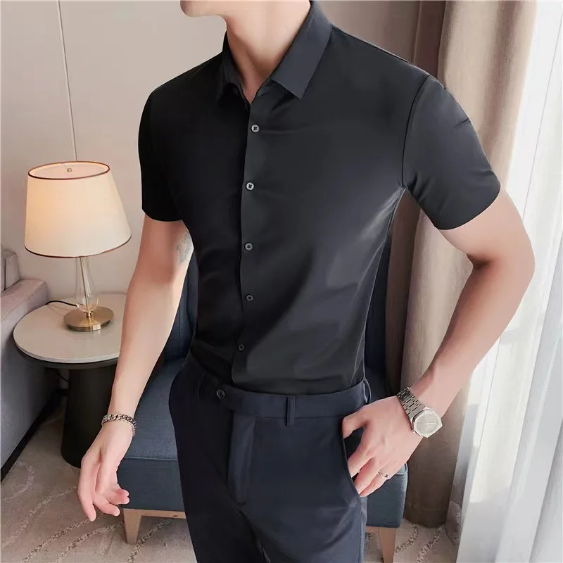 Men's Ultra Stretch Short Sleeve Shirt Business Casual Breathable Stretchable Abrasion-Resistant Solid Color Short Sleeve Shirt