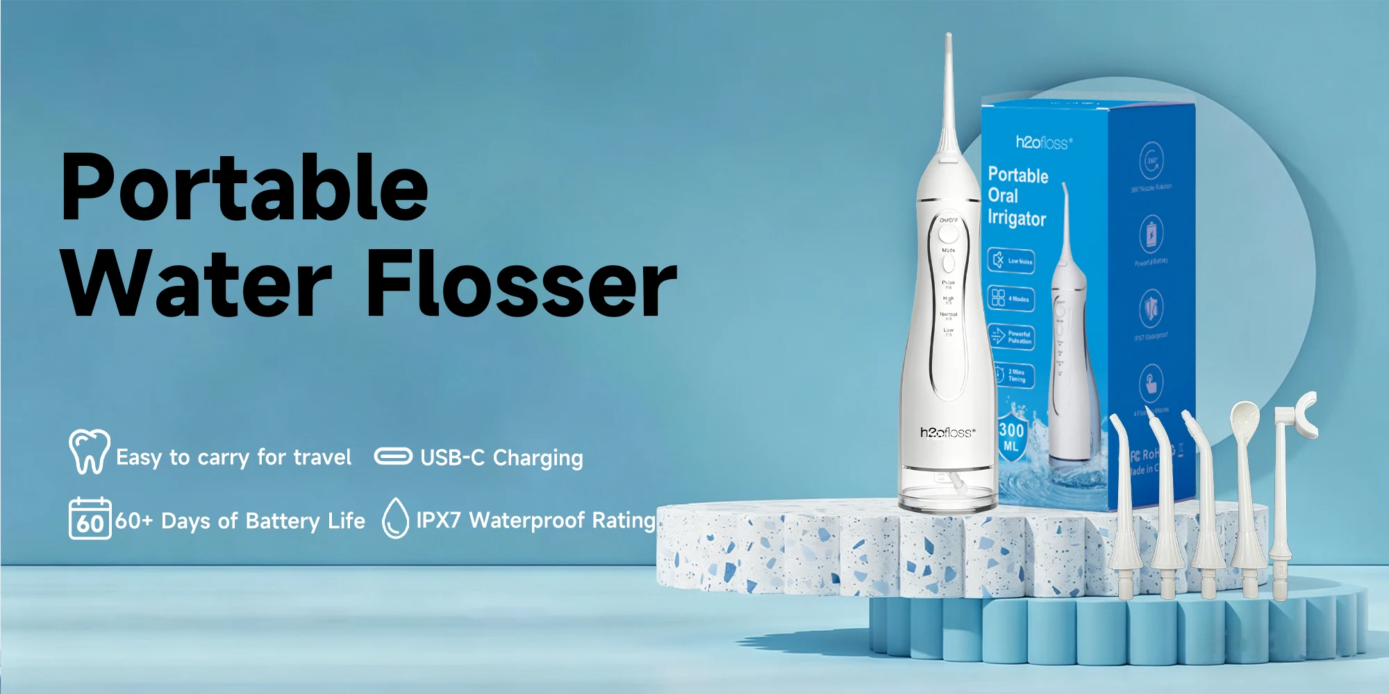 H2ofloss Water Flosser 300ml Oral Irrigator 140PSI with Gravity Ball Design 5 Modes 5 Tips USB Rechargeable for Teeth Cleaning