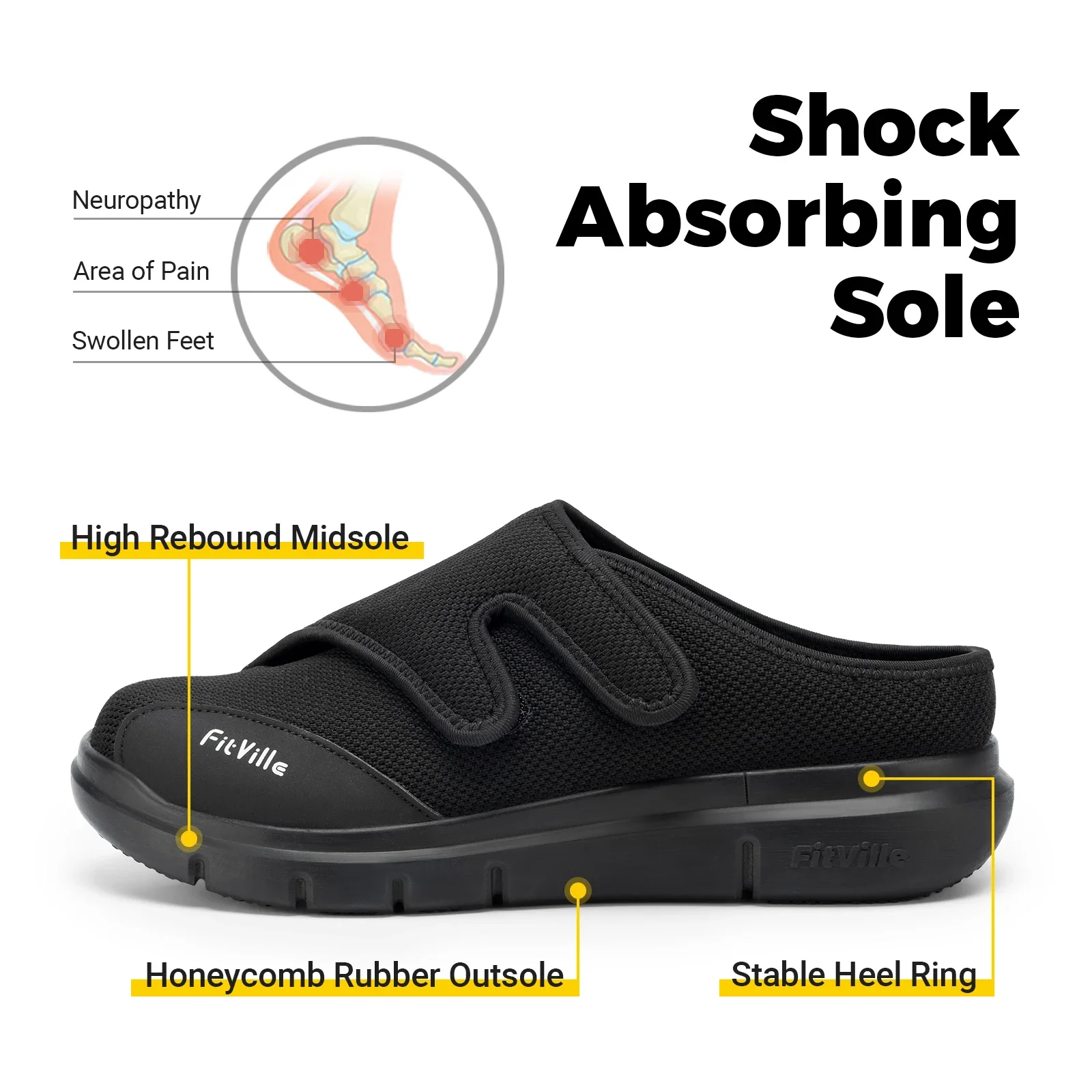 FitVille Men'S Half Slippers Diabetic Shoes Extra Wide 4E Adjustable Lightweight Casual Shoe For Swollen Feet Plantar Fasciitis