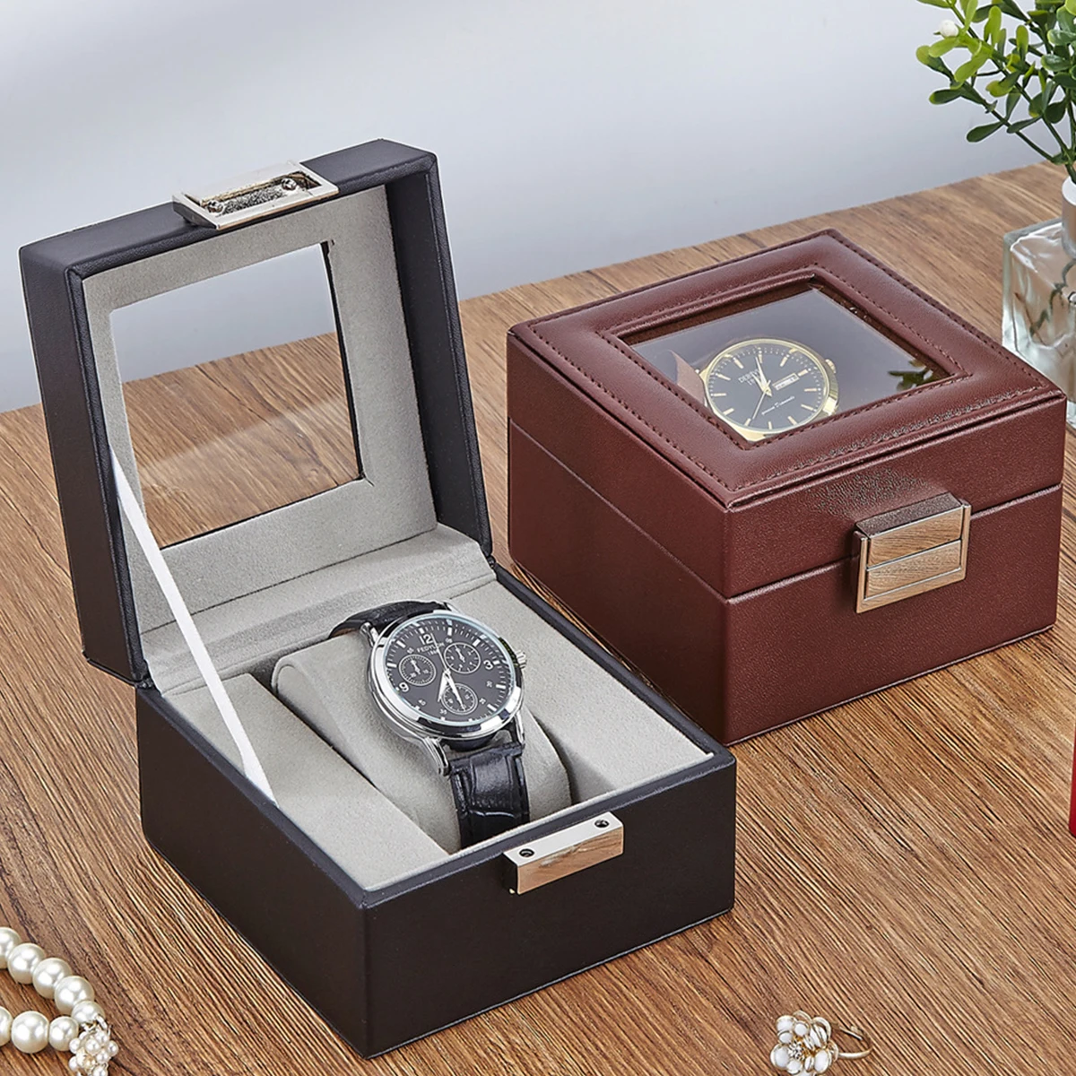 Clear Glass Top PU Leather Watch Box Single Slot Men Jewelry Organizer Storage Case Collection Gift Holder Stand Display