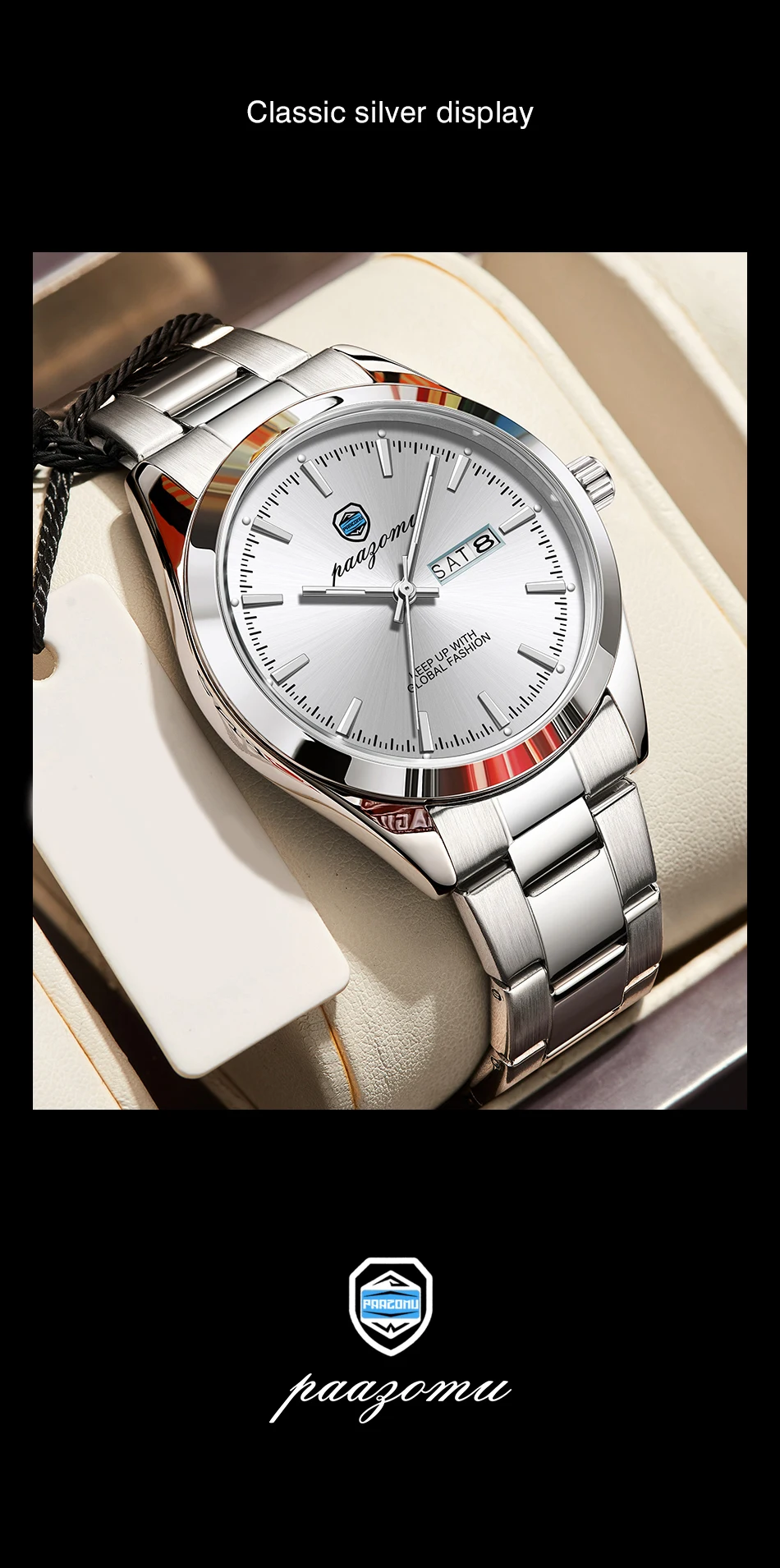 PAAZOMU Business Men Wristwatch Waterproof Stainless Steel Man Watch Luminous Date Week Fashion Men's Quartz Watches Reloj+Box