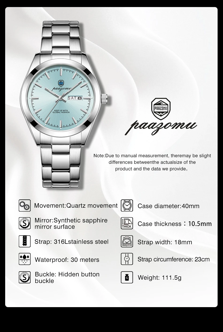 PAAZOMU Business Men Wristwatch Waterproof Stainless Steel Man Watch Luminous Date Week Fashion Men's Quartz Watches Reloj+Box