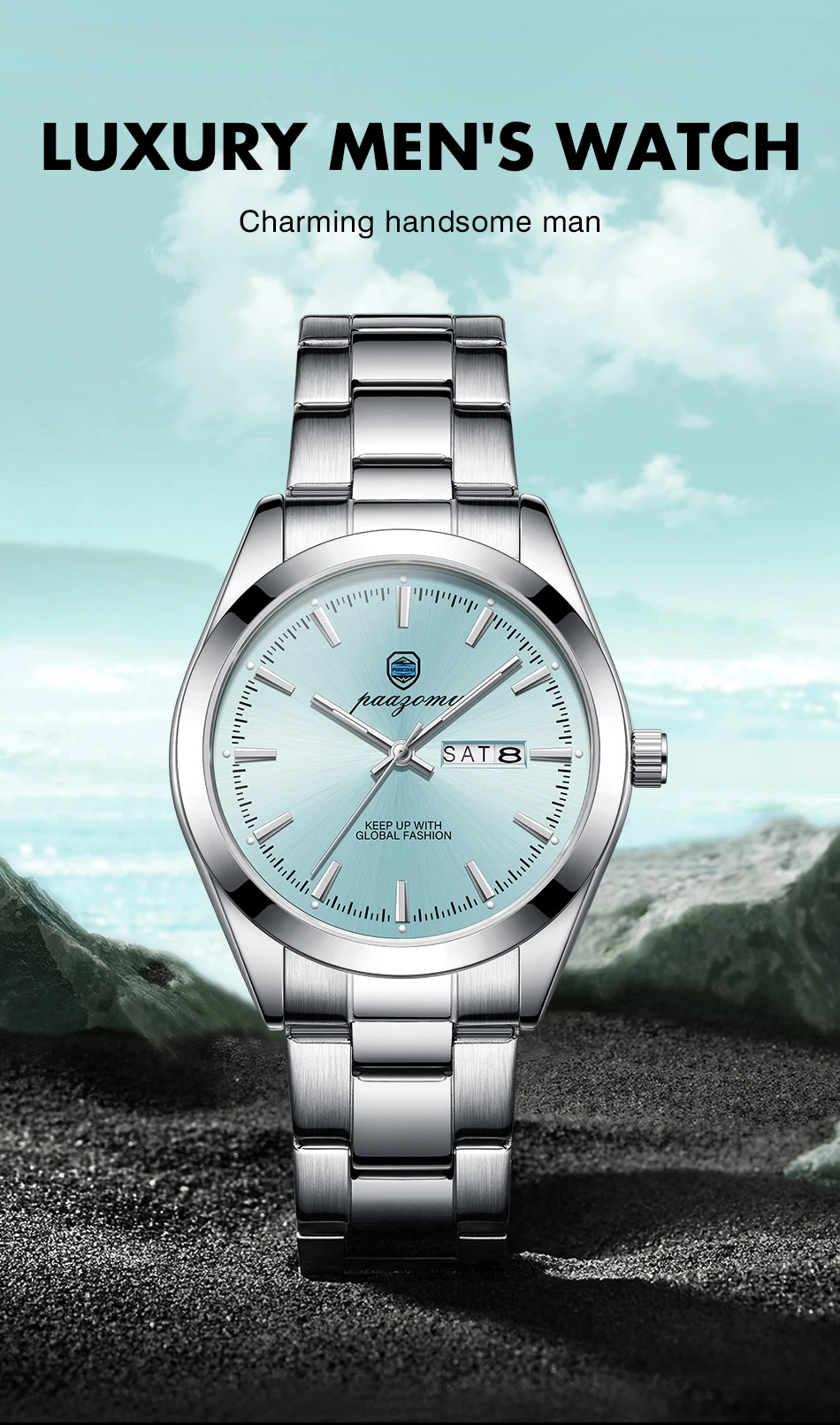 PAAZOMU Business Men Wristwatch Waterproof Stainless Steel Man Watch Luminous Date Week Fashion Men's Quartz Watches Reloj+Box
