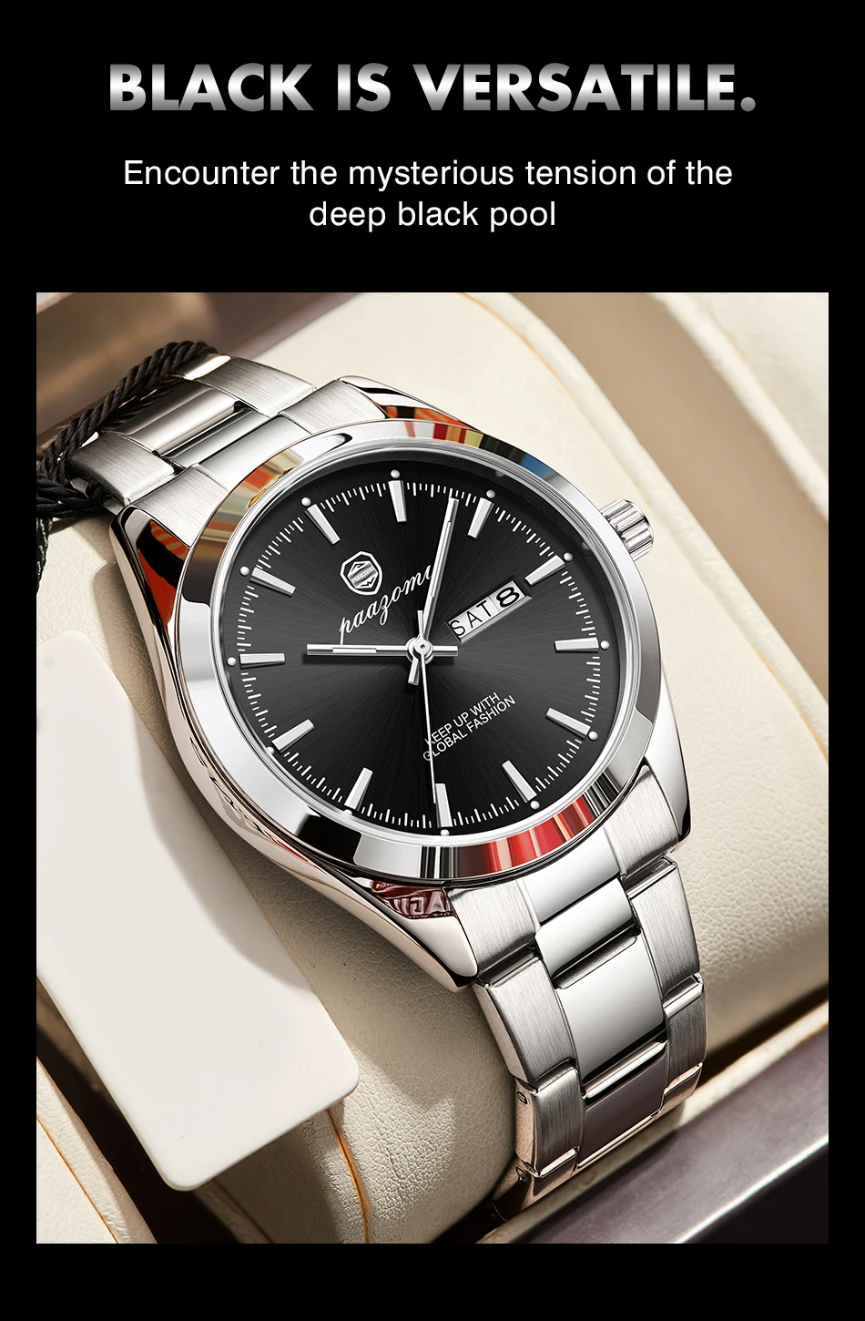 PAAZOMU Business Men Wristwatch Waterproof Stainless Steel Man Watch Luminous Date Week Fashion Men's Quartz Watches Reloj+Box