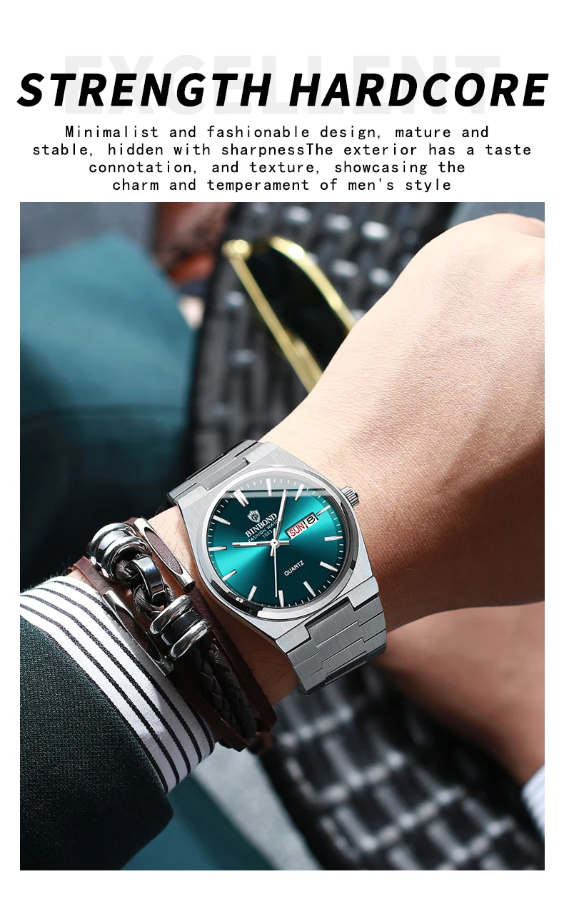 BINBOND Fashion New Men Business Watch Leisure Quartz Stainless Steel Buckle Watches Waterproof Luminous Calendar Men's Watches