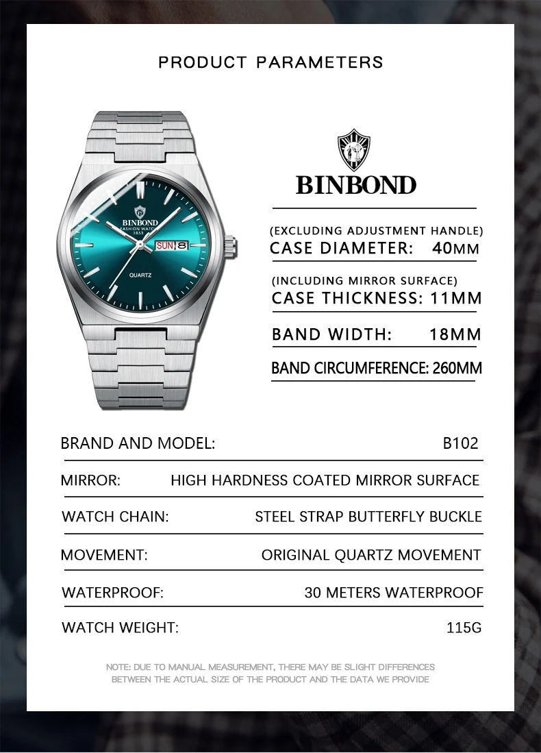 BINBOND Fashion New Men Business Watch Leisure Quartz Stainless Steel Buckle Watches Waterproof Luminous Calendar Men's Watches