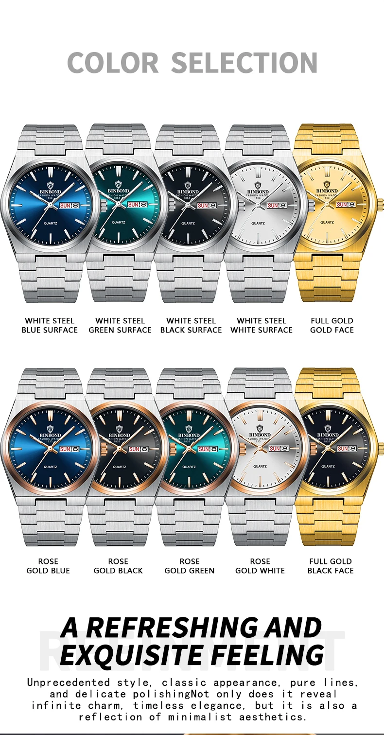 BINBOND Fashion New Men Business Watch Leisure Quartz Stainless Steel Buckle Watches Waterproof Luminous Calendar Men's Watches