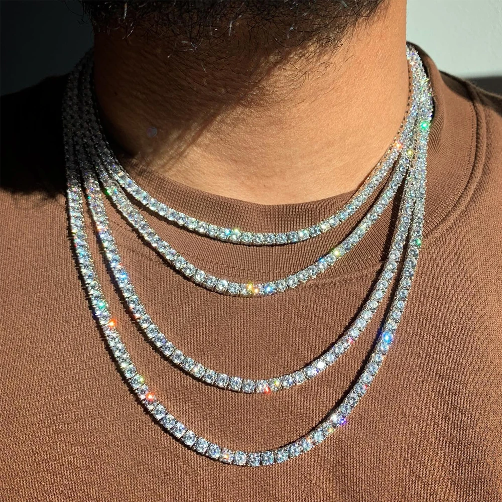 FEOBUR 3/4/5mm Real Moissanite Tennis Necklace for Women Men S925 Silver Certified Full Diamond Neck Chains Trendy Jewelry Gift