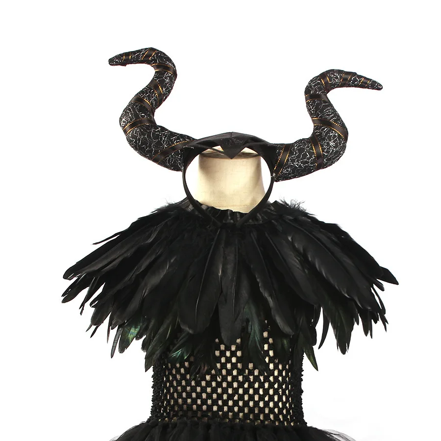 Handmade Tutu Princess Dress Girls Cosplay Costume Evil Queen Black Mesh Children's Carnival Party Wand Demonic Witch Dress