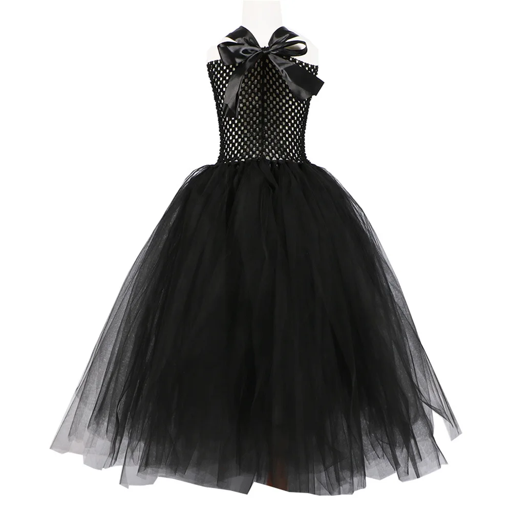 Handmade Tutu Princess Dress Girls Cosplay Costume Evil Queen Black Mesh Children's Carnival Party Wand Demonic Witch Dress