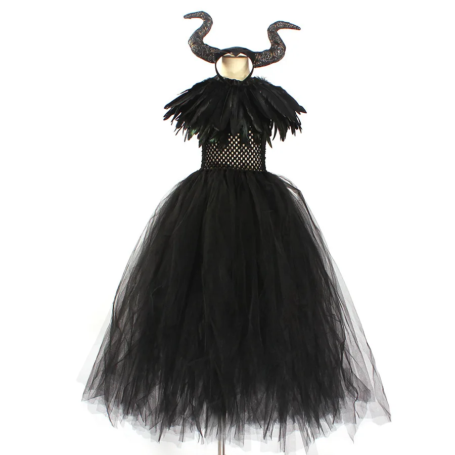 Handmade Tutu Princess Dress Girls Cosplay Costume Evil Queen Black Mesh Children's Carnival Party Wand Demonic Witch Dress
