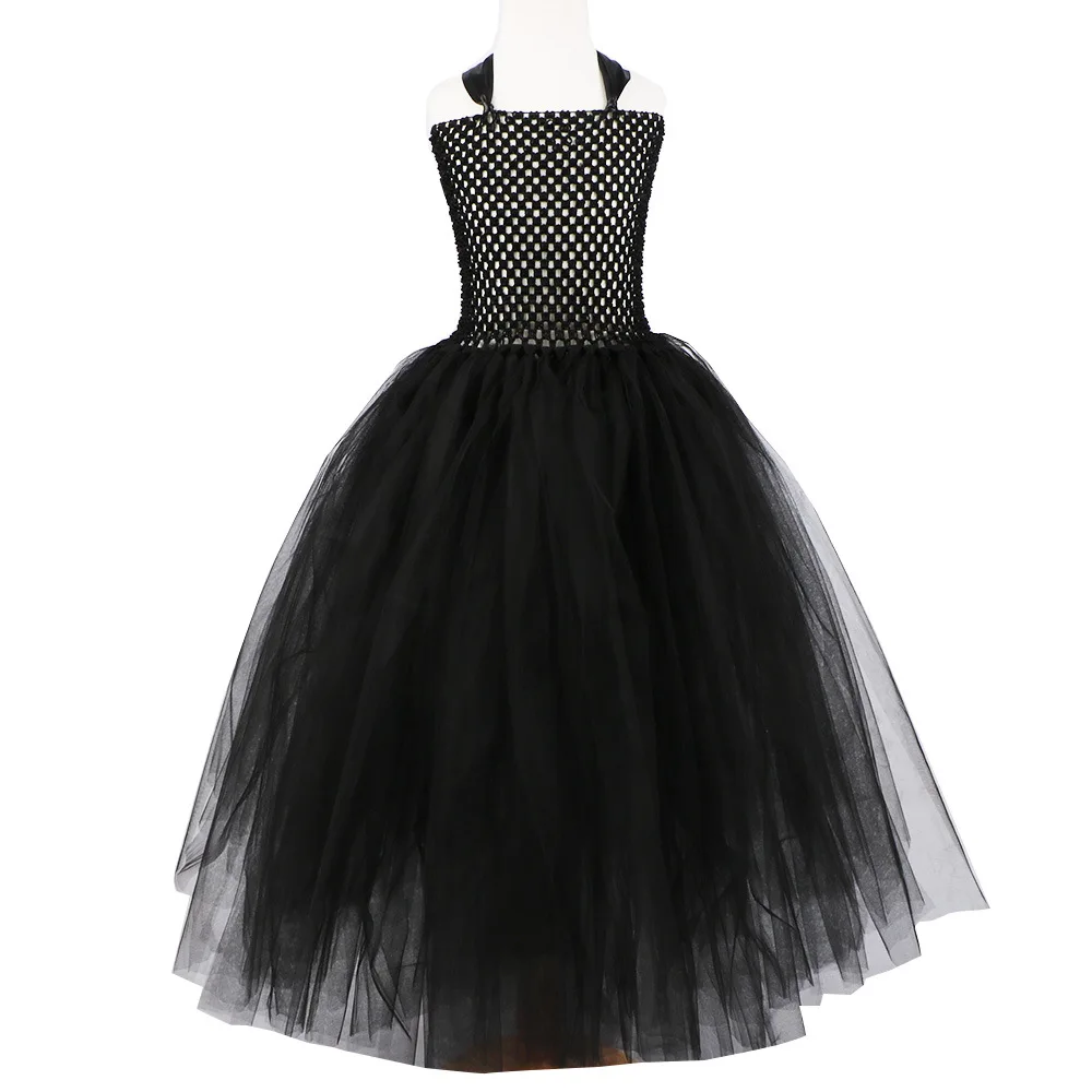 Handmade Tutu Princess Dress Girls Cosplay Costume Evil Queen Black Mesh Children's Carnival Party Wand Demonic Witch Dress