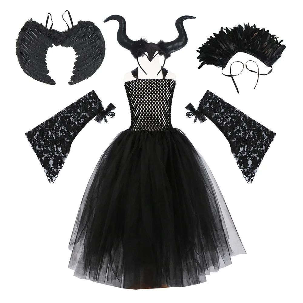 Handmade Tutu Princess Dress Girls Cosplay Costume Evil Queen Black Mesh Children's Carnival Party Wand Demonic Witch Dress