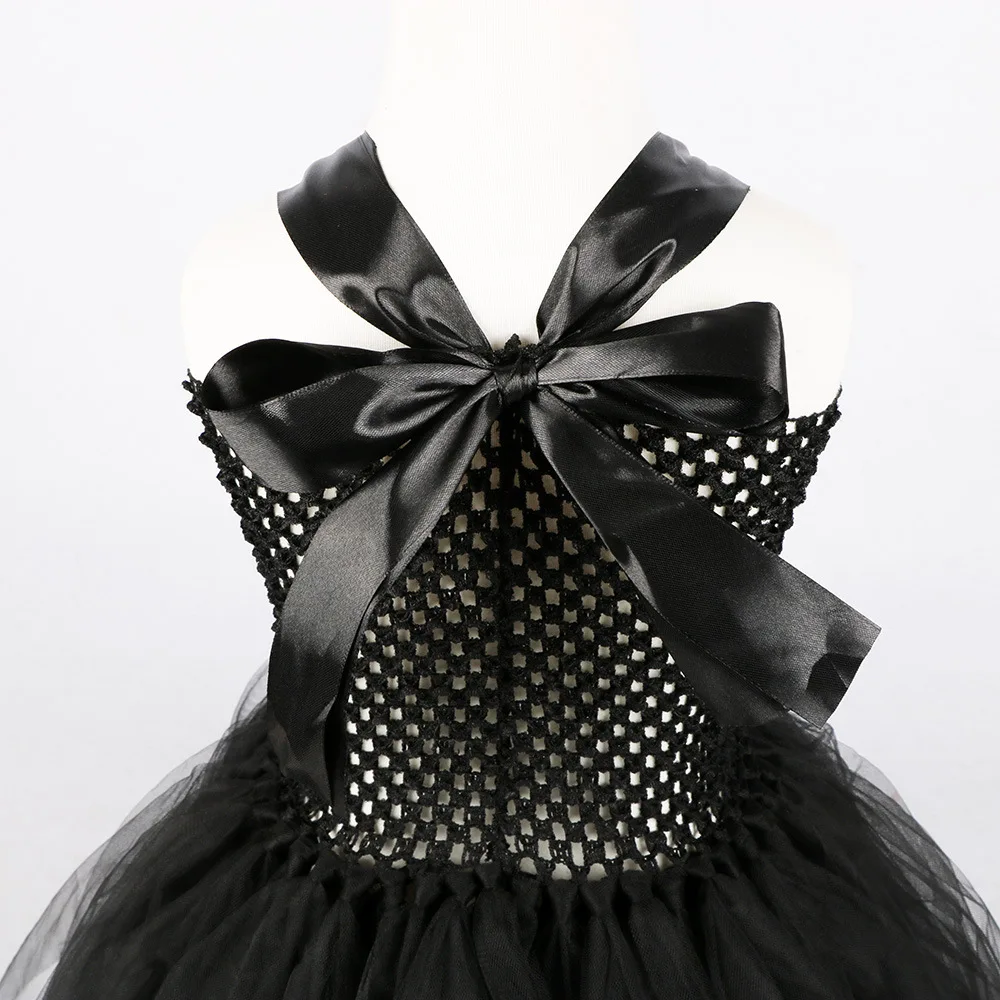 Handmade Tutu Princess Dress Girls Cosplay Costume Evil Queen Black Mesh Children's Carnival Party Wand Demonic Witch Dress