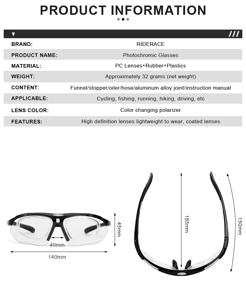 RIDERACE Cycling Sunglasses Photochromic Sun Glasses MTB Mountain Bike Eyewear Sports Cycle Road Bicycle Goggles
