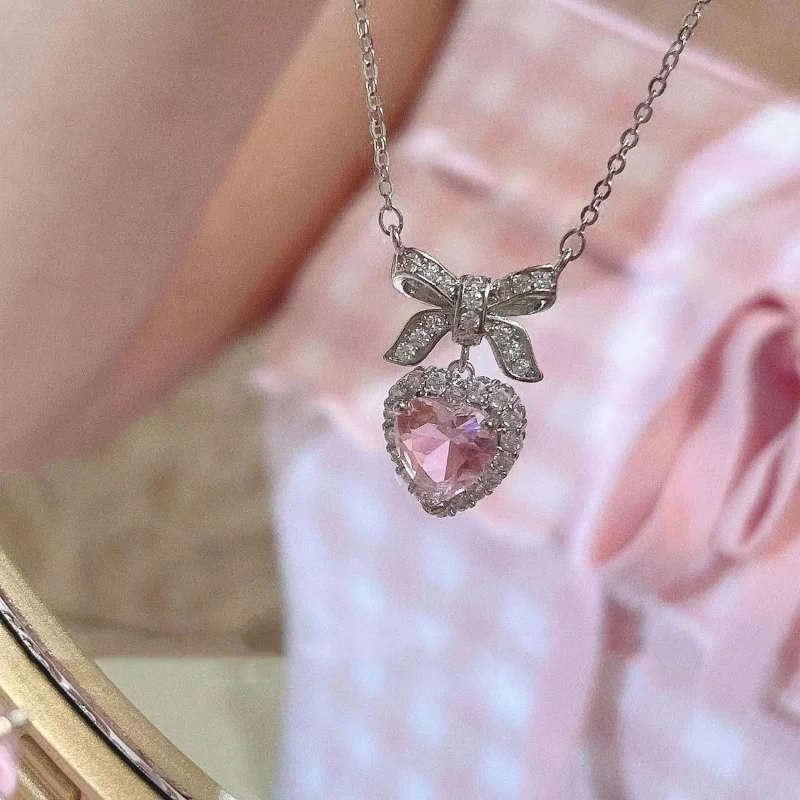 Y2K Crystal Bowknot Heart Pendant Necklace for Women Pink Heart Aesthetic Necklace Clavicle Chain 2023 Trendy Party Jewelry Gift