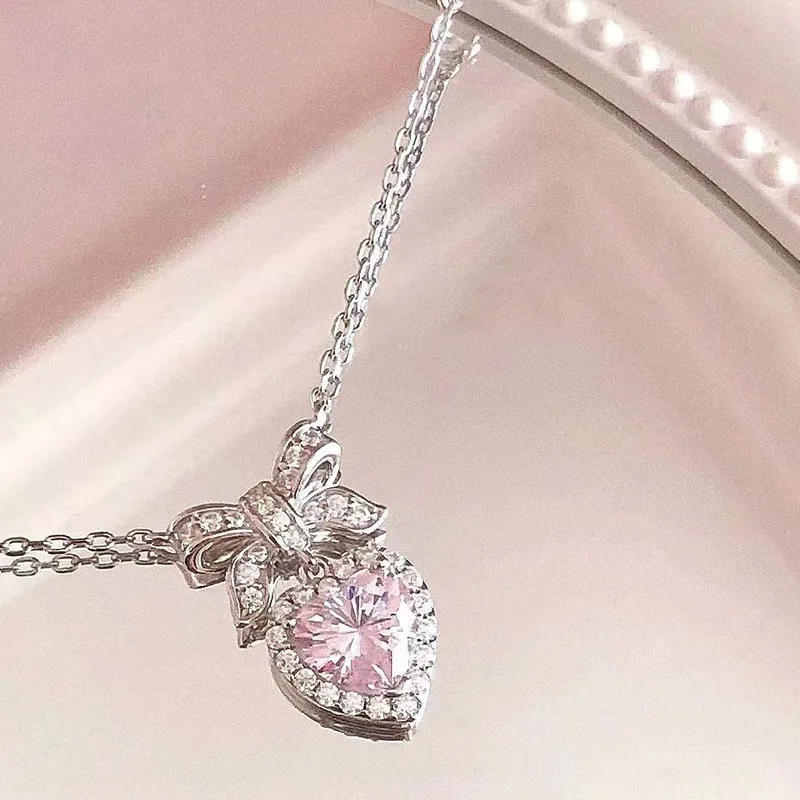 Y2K Crystal Bowknot Heart Pendant Necklace for Women Pink Heart Aesthetic Necklace Clavicle Chain 2023 Trendy Party Jewelry Gift