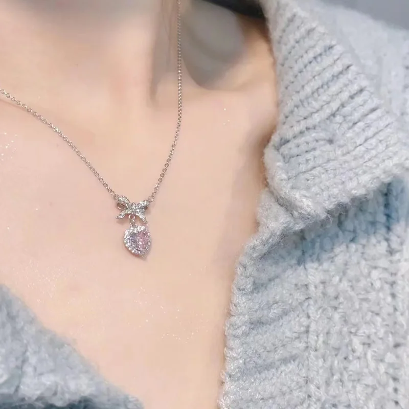 Y2K Crystal Bowknot Heart Pendant Necklace for Women Pink Heart Aesthetic Necklace Clavicle Chain 2023 Trendy Party Jewelry Gift