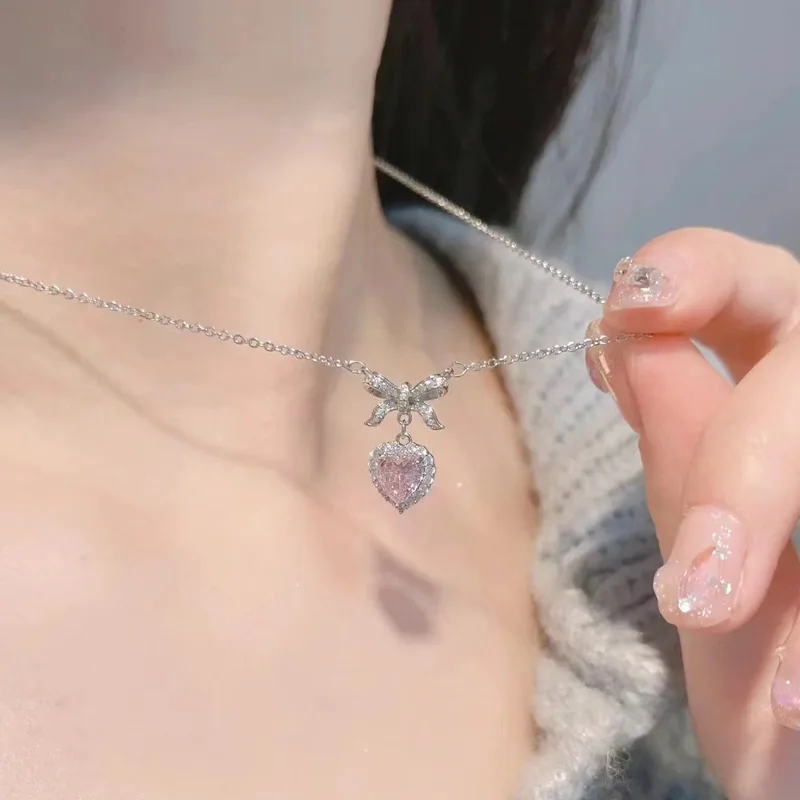 Y2K Crystal Bowknot Heart Pendant Necklace for Women Pink Heart Aesthetic Necklace Clavicle Chain 2023 Trendy Party Jewelry Gift