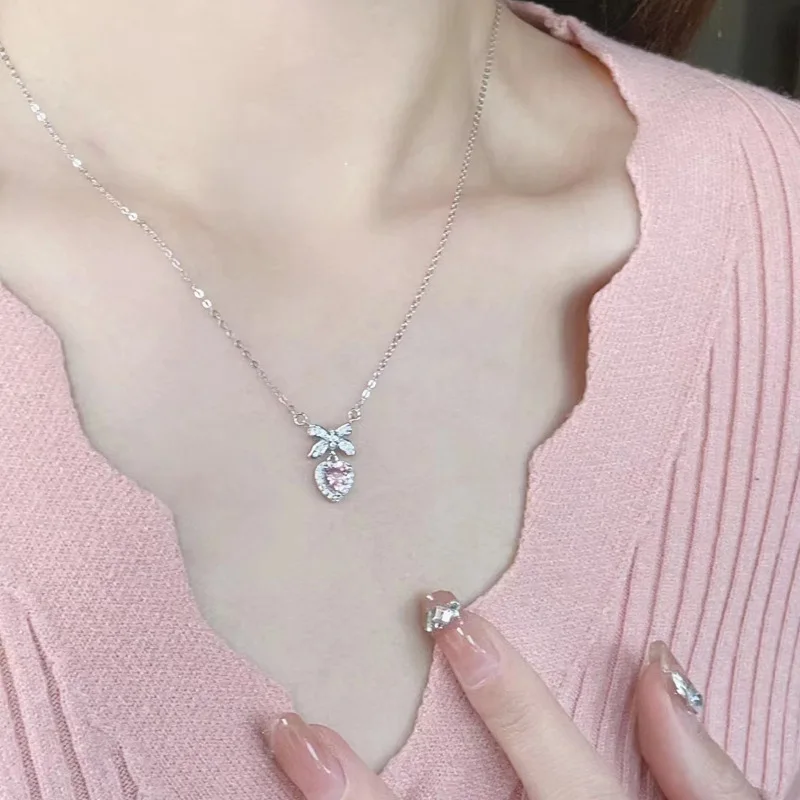 Y2K Crystal Bowknot Heart Pendant Necklace for Women Pink Heart Aesthetic Necklace Clavicle Chain 2023 Trendy Party Jewelry Gift