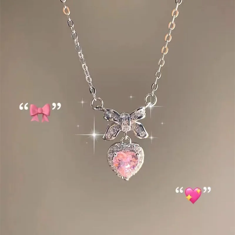 Y2K Crystal Bowknot Heart Pendant Necklace for Women Pink Heart Aesthetic Necklace Clavicle Chain 2023 Trendy Party Jewelry Gift