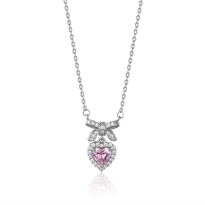 Y2K Crystal Bowknot Heart Pendant Necklace for Women Pink Heart Aesthetic Necklace Clavicle Chain 2023 Trendy Party Jewelry Gift