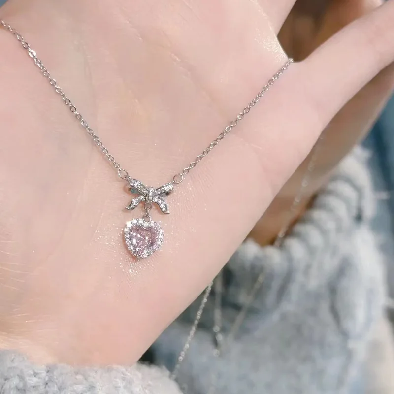 Y2K Crystal Bowknot Heart Pendant Necklace for Women Pink Heart Aesthetic Necklace Clavicle Chain 2023 Trendy Party Jewelry Gift