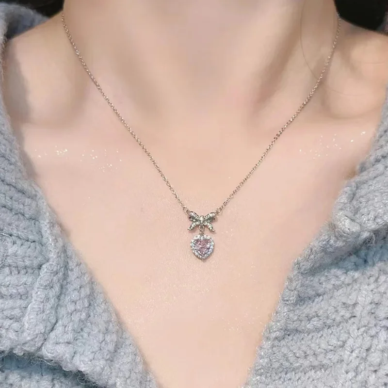 Y2K Crystal Bowknot Heart Pendant Necklace for Women Pink Heart Aesthetic Necklace Clavicle Chain 2023 Trendy Party Jewelry Gift