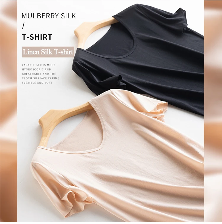 Summer Short Sleeve T-Shirt Women Tee Shirts Real Silk Linen Cotton T Shirt Women's Casual Tees V-neck Woman Tshirt Solid Tops