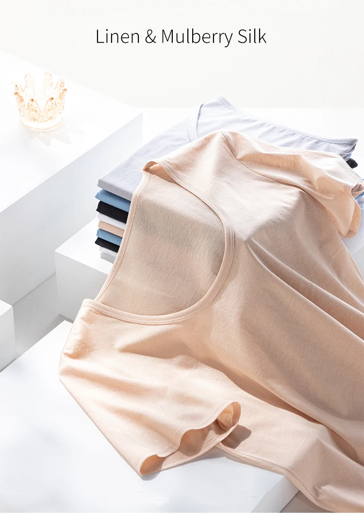 Summer Short Sleeve T-Shirt Women Tee Shirts Real Silk Linen Cotton T Shirt Women's Casual Tees V-neck Woman Tshirt Solid Tops