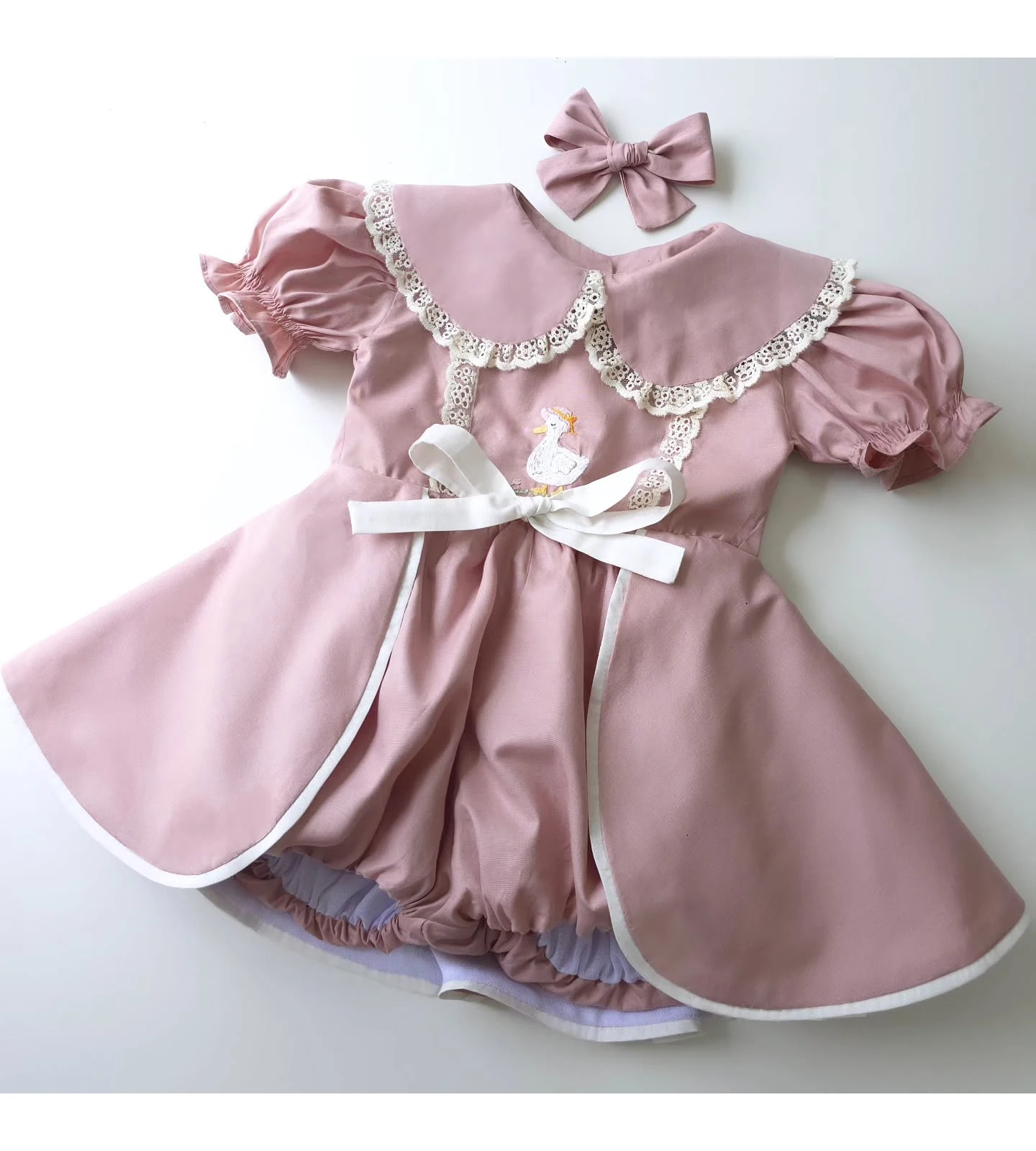 Summer Baby Girl Duck Embroidery Bow Lace Pink Puffy Suit For Casual Party Birthday Wedding Photography