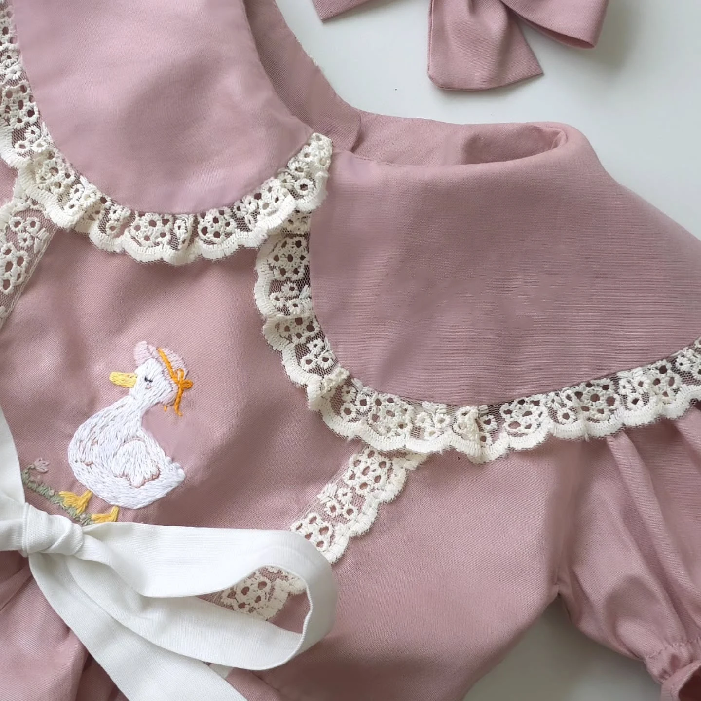 Summer Baby Girl Duck Embroidery Bow Lace Pink Puffy Suit For Casual Party Birthday Wedding Photography