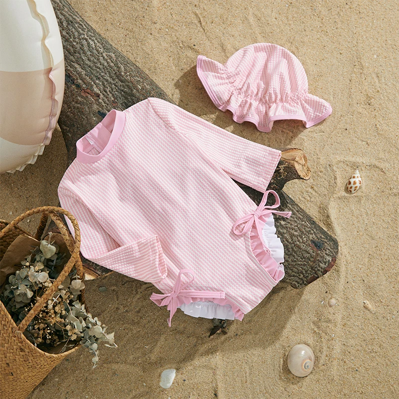 MISOWMNJOY Infant Baby Girls Summer Swimsuit with Hat Toddler Striped Long Sleeve Zipper Bathing Suit Children Beach Swimwear