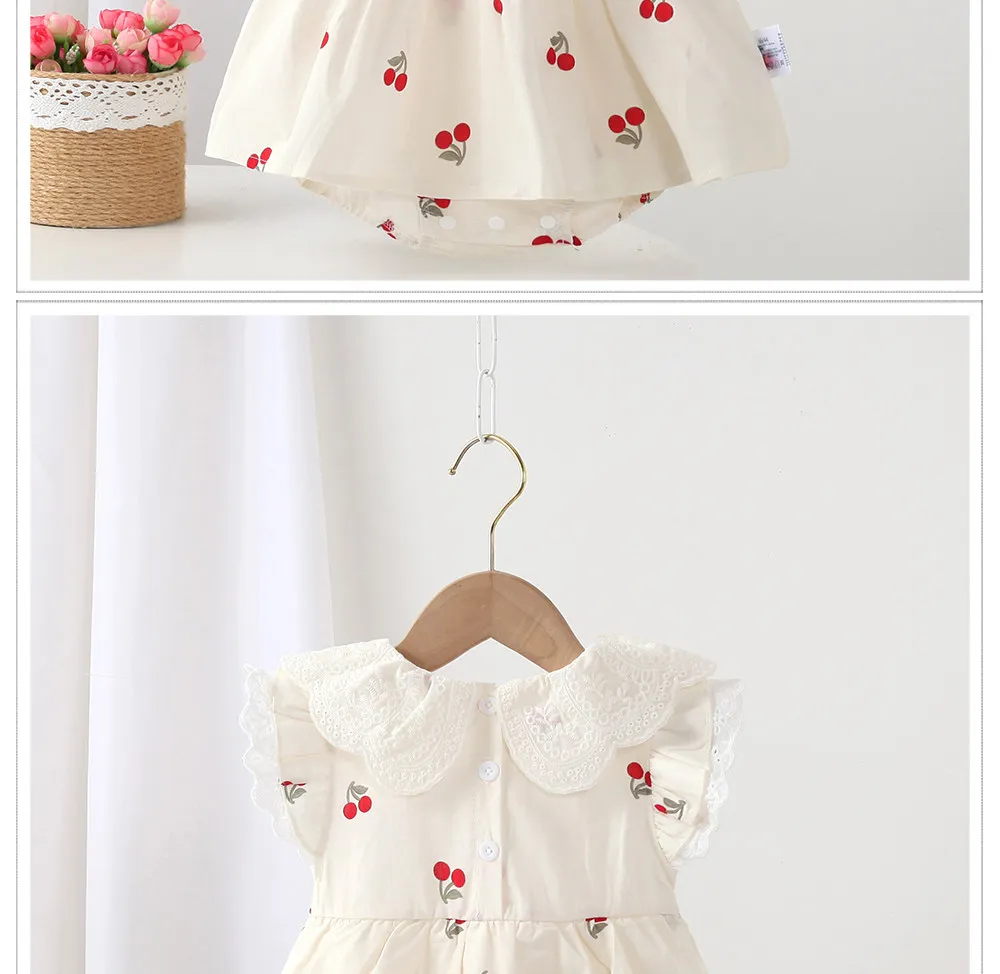 Summer newborn baby girls clothes lace cherry jumpsuit sets for infant girls cloth baby 1st birthday princess rompers coats sets