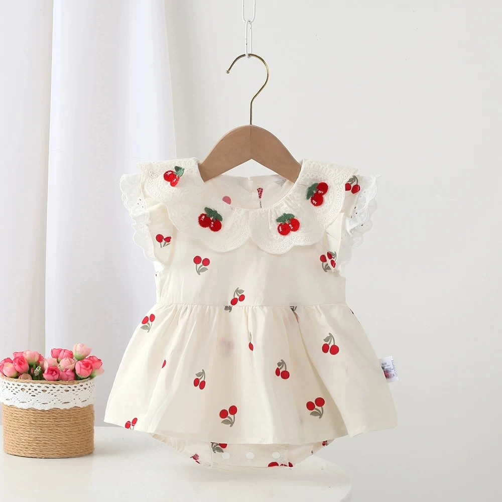 Summer newborn baby girls clothes lace cherry jumpsuit sets for infant girls cloth baby 1st birthday princess rompers coats sets
