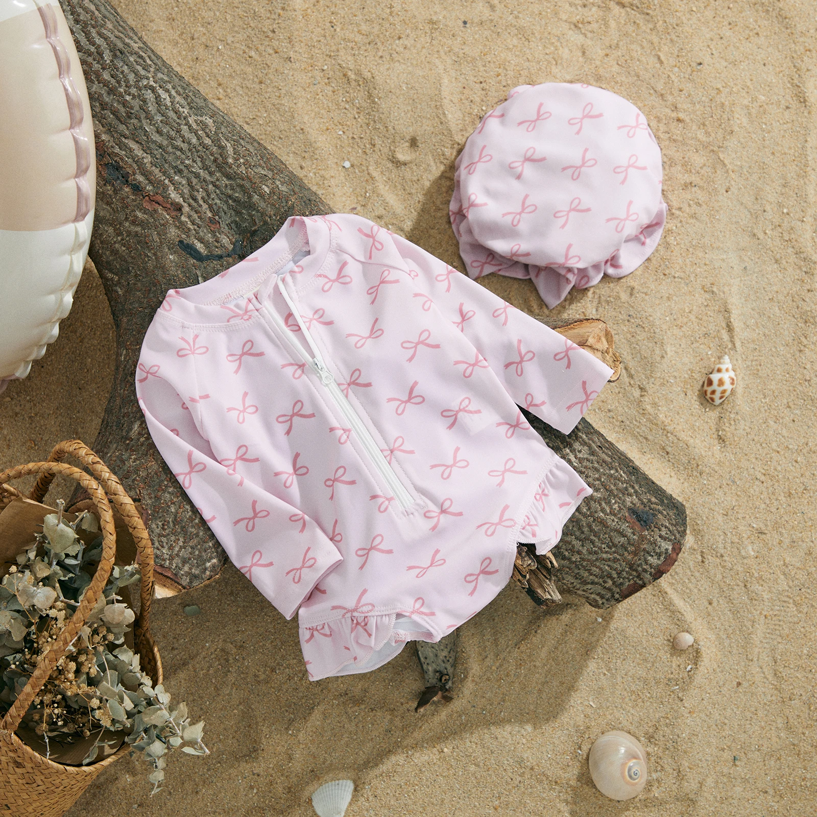 MISOWMNJOY Princess Baby Girl Swimwear Long Sleeve Rash Guard Beach Swimsuit Bow/Cherry Print Toddler Bathing Suit with Sun Hat