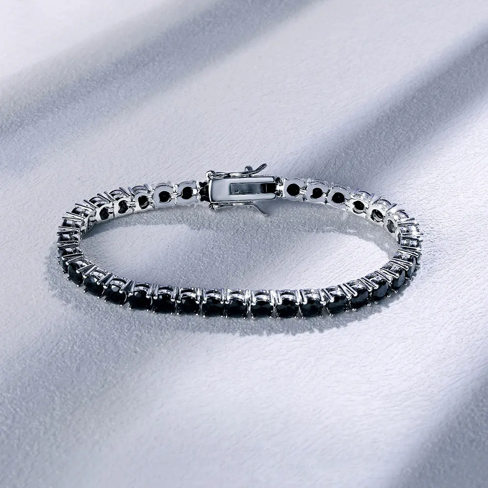 Nuoya Hip Hop 4mm Black Nano Zircon Tennis Bracelet Silver Plated Iced Out Black Diamond Chain for Man Women Gift 6-7inch