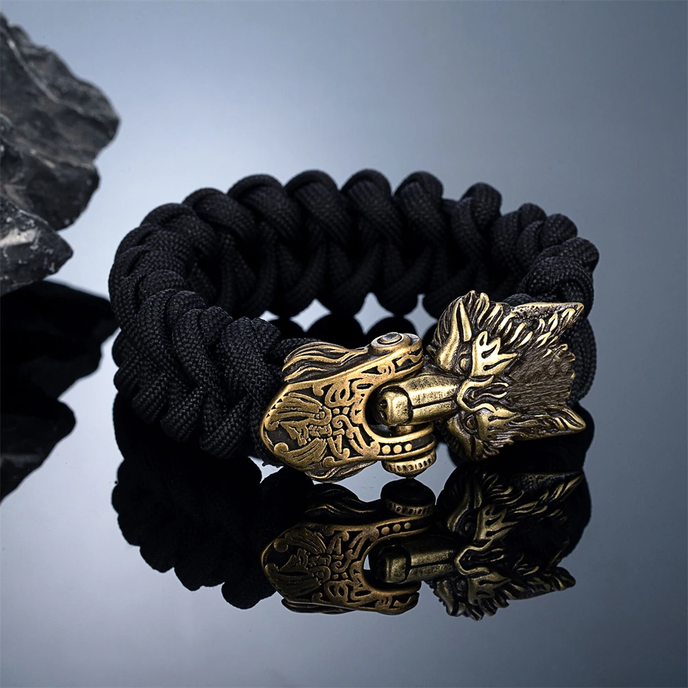 Vintage Vikings Wolf Survival Rope Bracelet for Men Bronze Stainless Steel Clasp Charm Norse Runes Handmade Male Women Jewelry