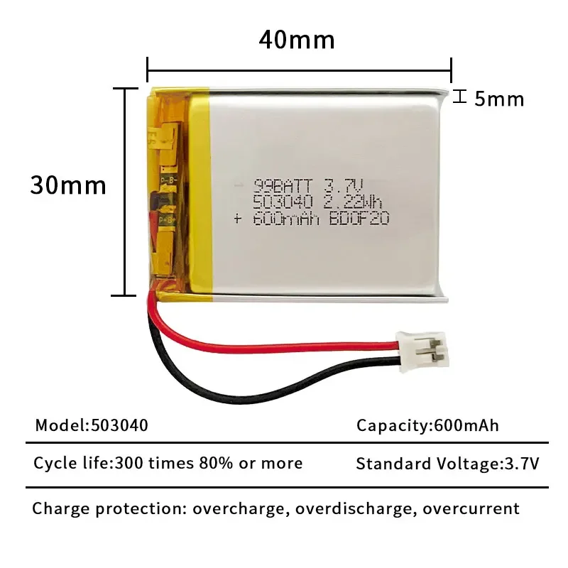 3.7V 600mAh LIPO Batteries 503040 053040 Li-Ion Polymer Lithium Battery for Speaker Radio VCR LED Light GPS Rechargeable Cells