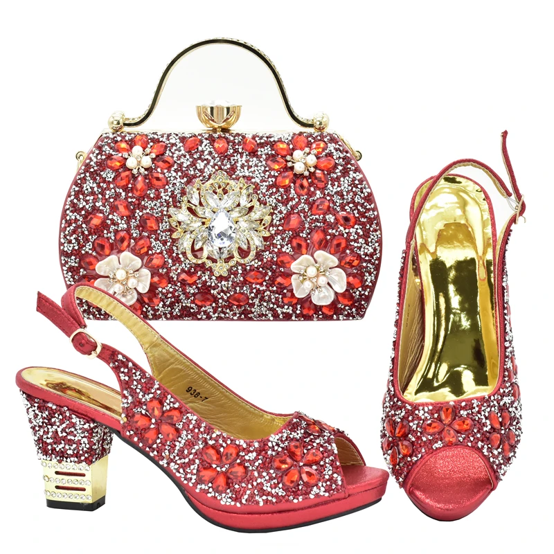 Italian Women Wedding Shoes and Bag Set Decorated with Rhinestone Africa Shoe and Bag Set Plus Size Heels 43 Wedding Shoes Bride