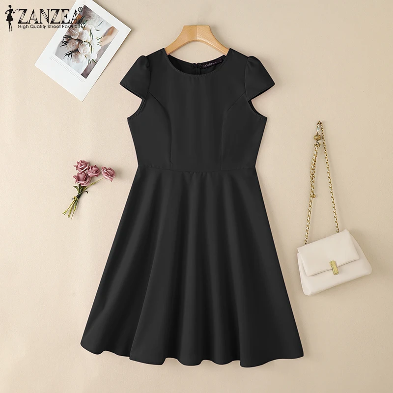ZANZEA 2025 Summer Sundress Women O-Neck Waisted Dresses Elegant Short Sleeve Pleated Work Vestidos Solid Party Knee-Length Robe