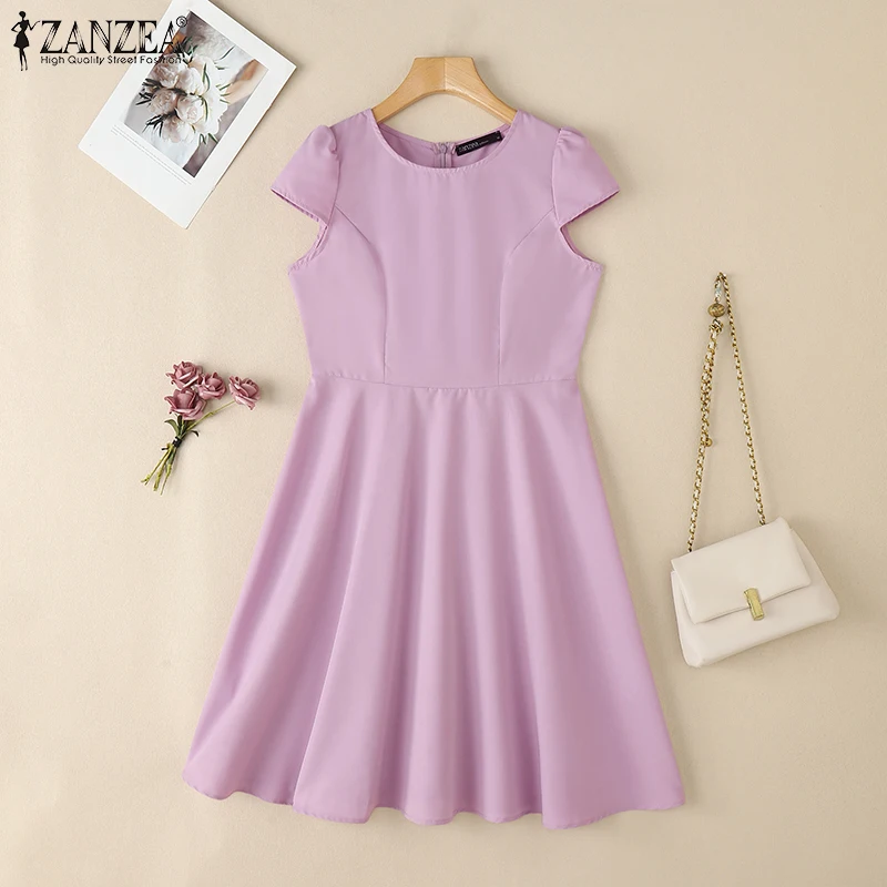 ZANZEA 2025 Summer Sundress Women O-Neck Waisted Dresses Elegant Short Sleeve Pleated Work Vestidos Solid Party Knee-Length Robe