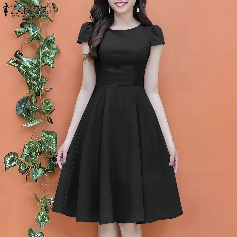 ZANZEA 2025 Summer Sundress Women O-Neck Waisted Dresses Elegant Short Sleeve Pleated Work Vestidos Solid Party Knee-Length Robe