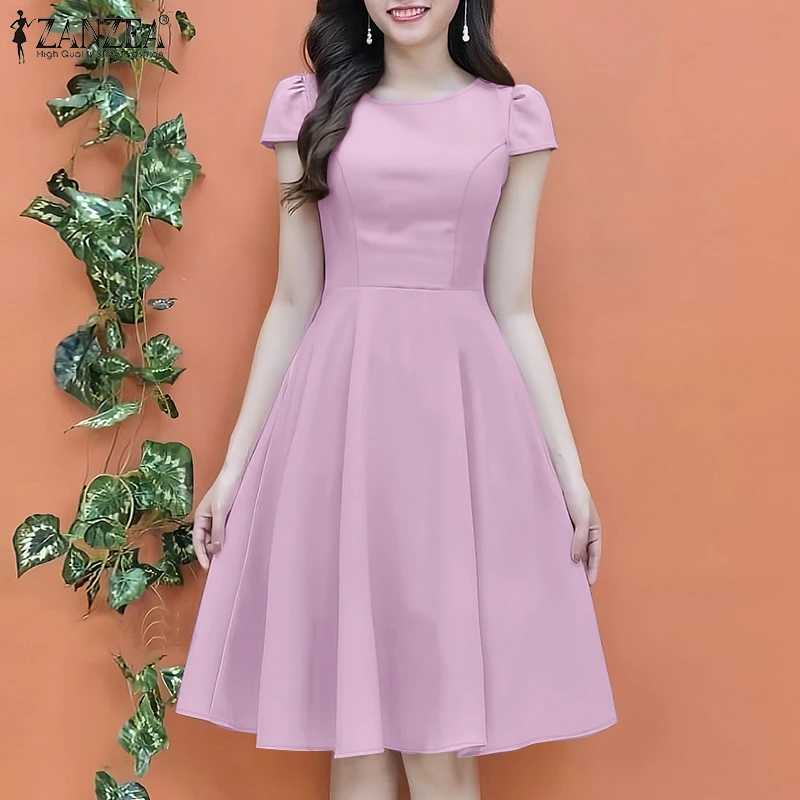 ZANZEA 2025 Summer Sundress Women O-Neck Waisted Dresses Elegant Short Sleeve Pleated Work Vestidos Solid Party Knee-Length Robe