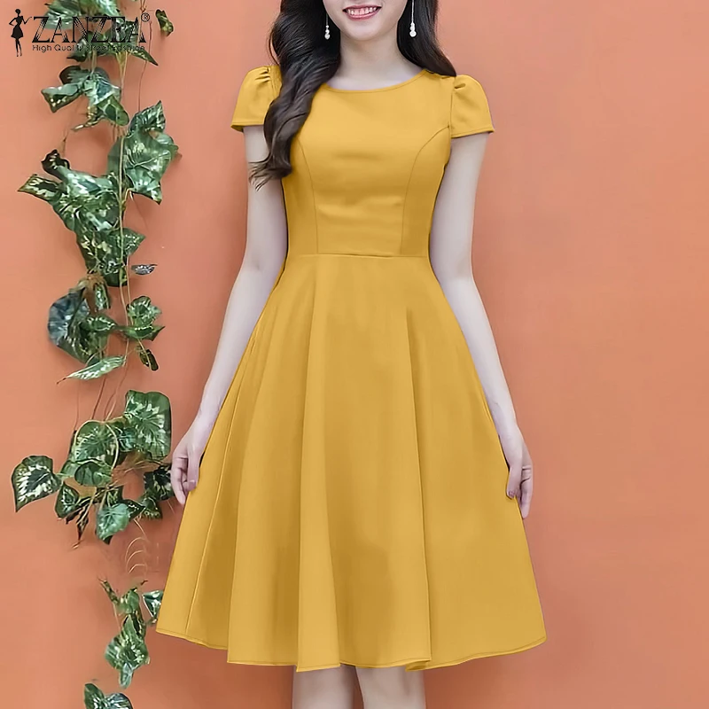 ZANZEA 2025 Summer Sundress Women O-Neck Waisted Dresses Elegant Short Sleeve Pleated Work Vestidos Solid Party Knee-Length Robe
